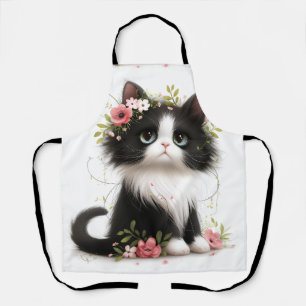 Delantal Bonito gatito de Tuxedo con flores