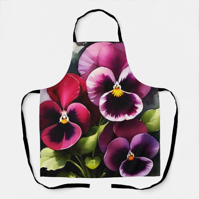 Delantal Bonito maroon daek pansies rojos pintura acuarela (Anverso)