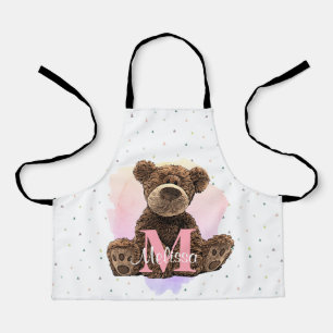 Delantal Bonito Monograma Acuarela Nombre Oso Teddy Rosa