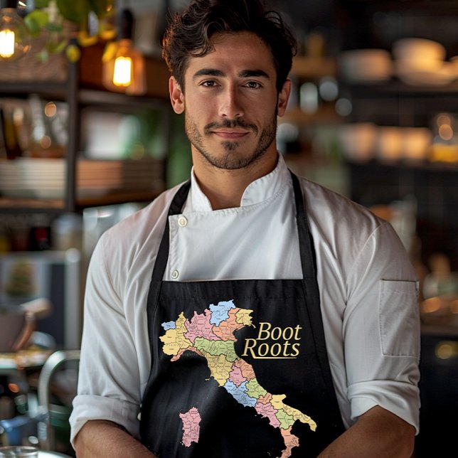 Delantal "Boot Roots" Mapa de Italia Negro (Map of Italy "Boot Roots" Black apron - Italian heritage and housewarming gift)