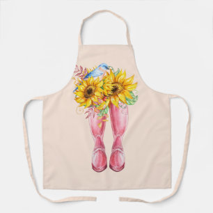 Delantal Boots rosados, pájaros azules y girasoles
