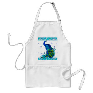 Delantal Borde giratorio azul y diseño de pavo real