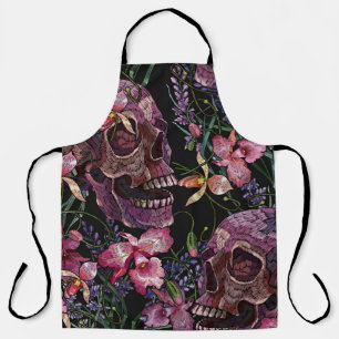 Delantal Borroideria calavera humana y flores de orquídea 