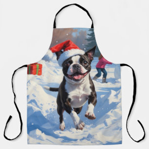 Delantal Boston Terrier Escena Navideña Festiva de Nieve