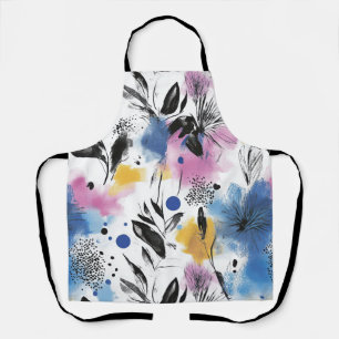 Delantal Botánica moderna en azul magenta y mostaza