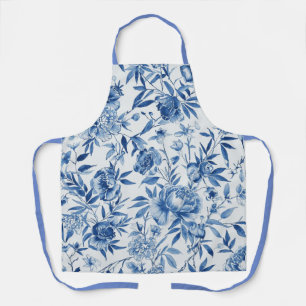 Delantal Botánico floral de acuarela de chinoiserie azul