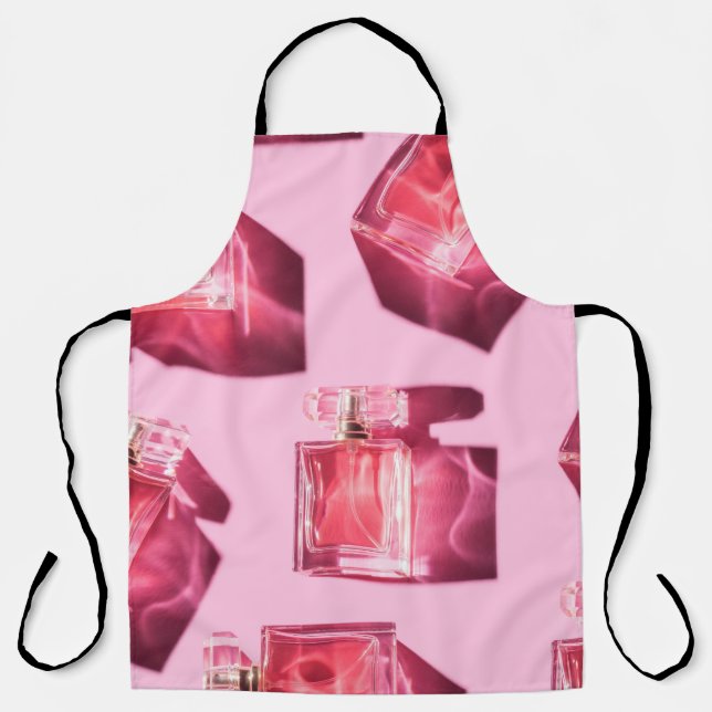 Delantal Botellas perfumes, fondo rosado, liofilizado (Anverso)