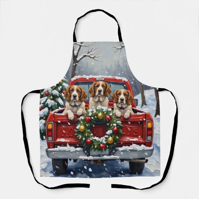 Delantal Brittany Spaniel Christmas Red Truck Holiday (Anverso)
