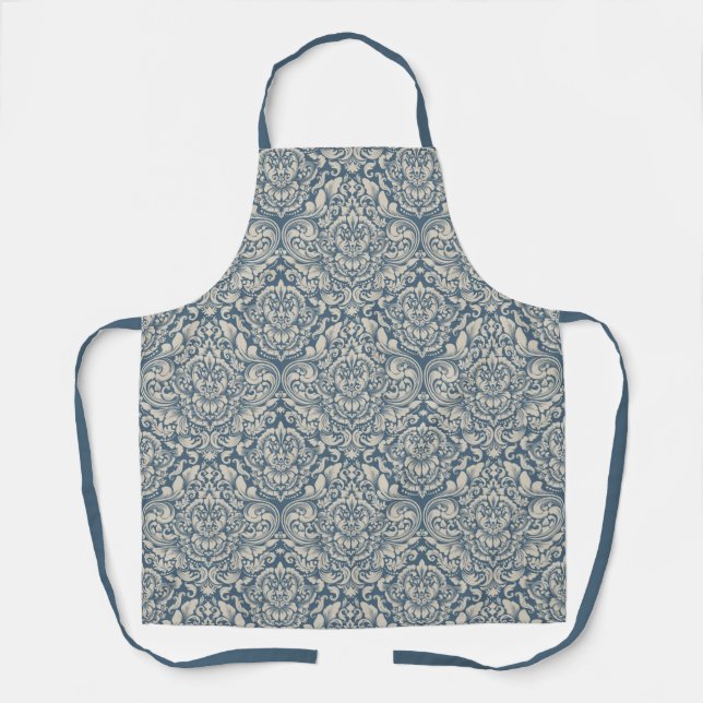 Delantal Brocade de Damask de época florece en azul (Anverso)