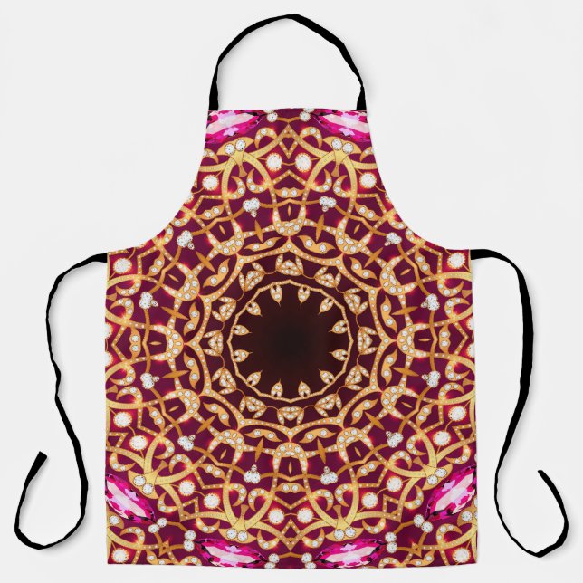 Delantal Broche Mandala, fondo geométrico vintage. (Anverso)