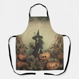 Delantal Bruja gótica sepia con calabazas y rosas de otoño