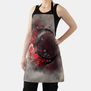 Delantal Brujería   Luna Crescent con rosas rojas góticas