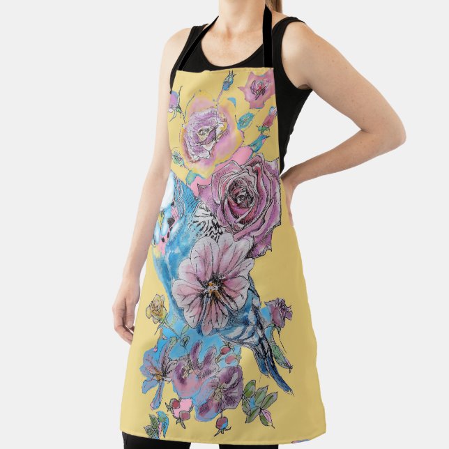 Delantal Budgie Watercolor Rosa Floral Design Apron Amarill (in situ)