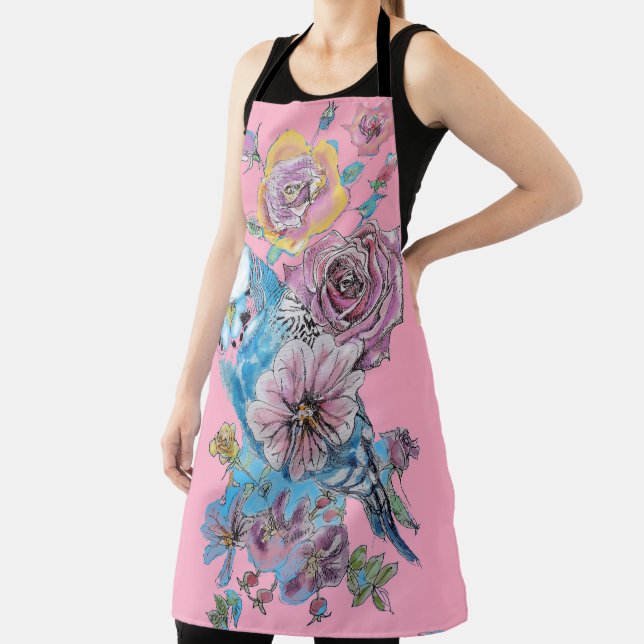 Delantal Budgie Watercolor Rosa Floral Design Apron Rosa (in situ)