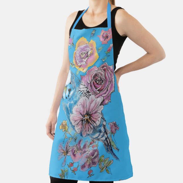 Delantal Budgie Watercolor Rosa Floral Design Blue Apron (in situ)