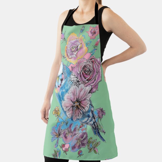 Delantal Budgie Watercolor Rosa Floral Design Green Apron (in situ)