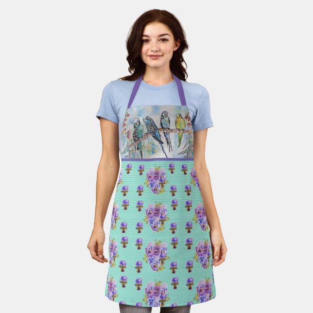 Delantal Budgies Budgies y Flores Mint Green Womans Apron (Gastado)