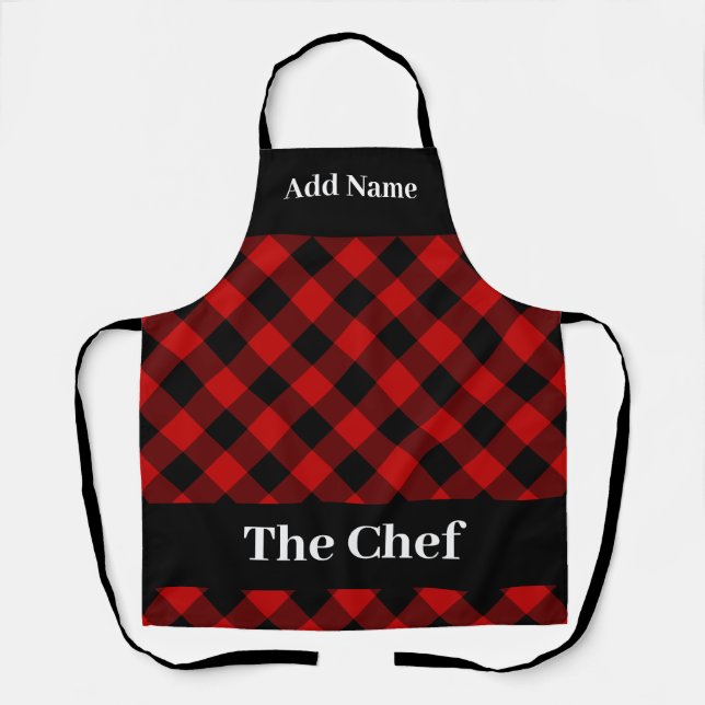 Delantal Búfalo Negro Rojo Gingham Chequea Al Chef Apron (Anverso)