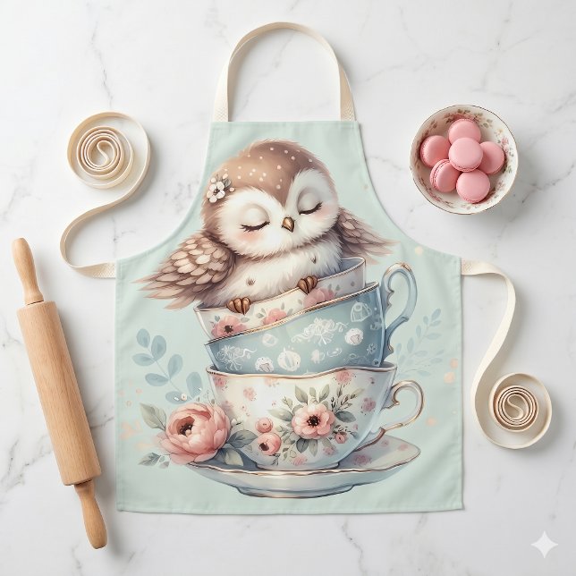 Delantal Búho Durmiendo en Tazas de Té Florales Apiladas (Sleeping Owl in Stacked Floral Teacups Apron)