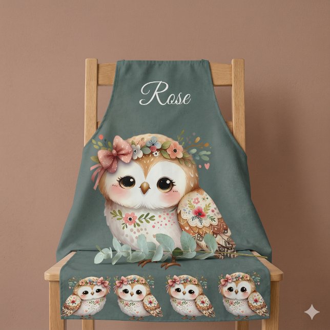 Delantal Búho Floral Adorable con Lazo (Cute Floral Owl with Bow Apron Draped Over Chair)