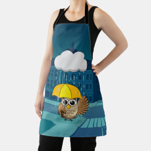 Delantal Búho lindo con paraguas en el día de lluvias