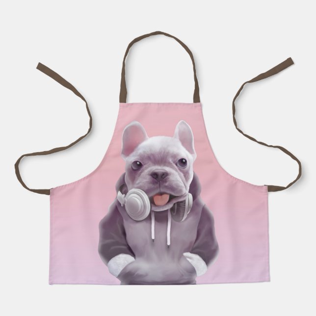Delantal Bulldog francés con Ilustracion de audífonos (Anverso)