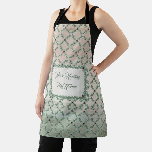 Delantal Burgundy Berry Holly Pine Christmas Kitchen Apron (in situ)