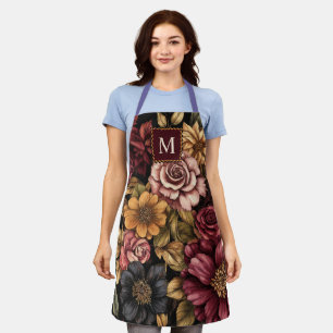 Delantal Burgundy Floral Pattern Monograma Apron