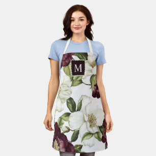 Delantal Burgundy Floral Pattern Monograma Apron