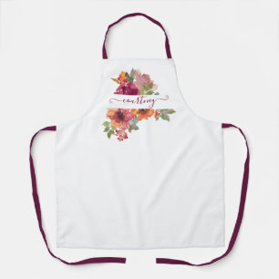Delantal Burgundy y naranja floral personalizado de acuarel