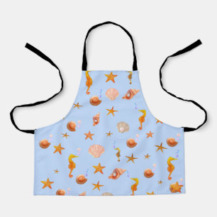 Delantal Caballitos de mar y conchas marinas sobre azul cla