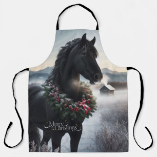 Delantal Caballo negro en la nieve con corona de Navidades