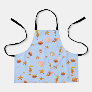 Delantal Caballos oceánicos y conchas marinas en azul claro