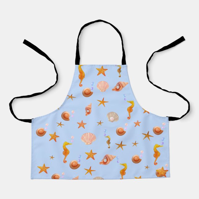 Delantal Caballos oceánicos y conchas marinas en azul claro (Anverso)