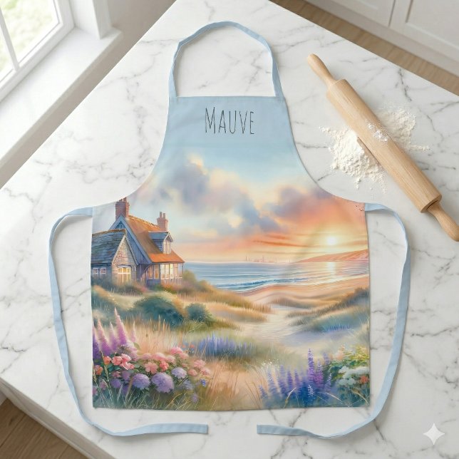 Delantal Cabaña Costera Atardecer Dunas Acuarela (Coastal Cottage Sunset Dunes Watercolor Apron)
