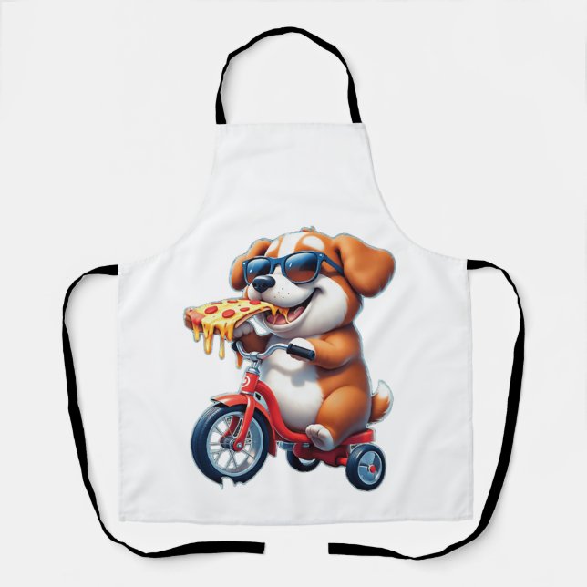 Delantal cachorro montando una bicicleta comiendo pizza (Anverso)
