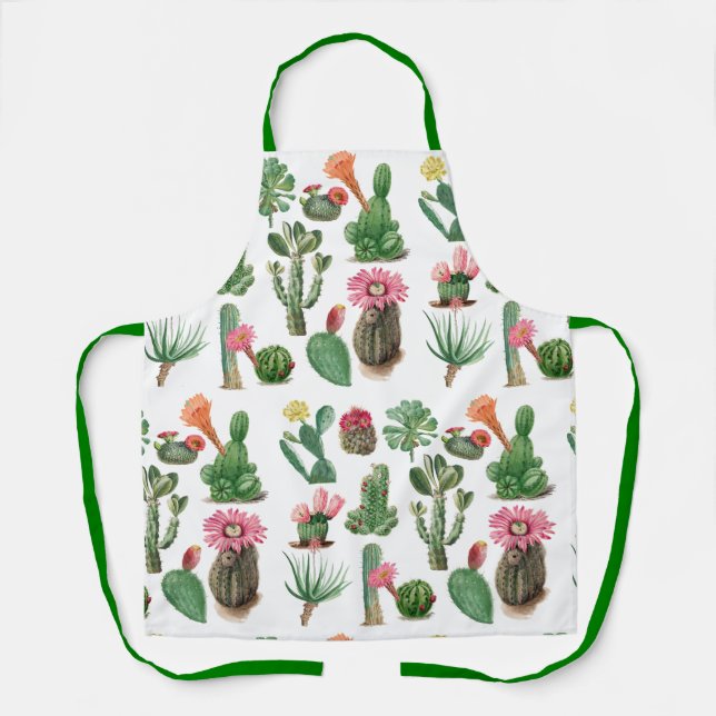 Delantal Cactus de acuarela colorida y flores suculentas (Anverso)