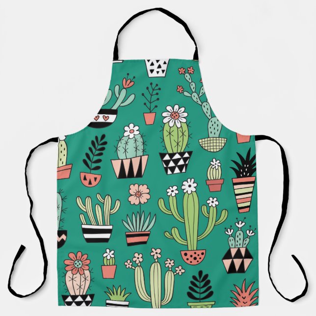 Delantal Cactus Florecidos Fondo Verde Vintage (Anverso)