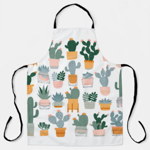 Delantal Cactus y suculentos en macetas con fondo blanco.