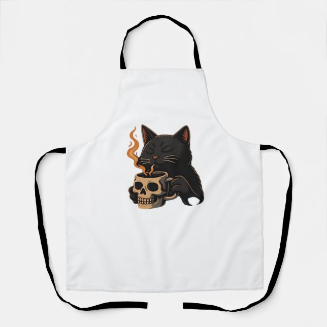 Delantal Café Gato Oscuro Con Mug De Calavera Sobredimensio (Anverso)