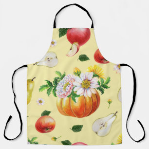 Delantal Calabaza, crisantemo: ilustracion de fruta otoñal.