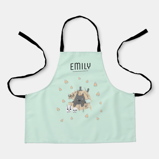 Delantal Calabaza de gatos verde arroja calaveras de maíz d (Anverso)