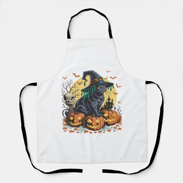 Delantal Calabaza de Halloween de bruja de gato negro sobre (Anverso)