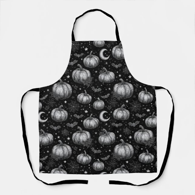 Delantal Calabaza de Halloween en blanco y negro, murciélag (Anverso)