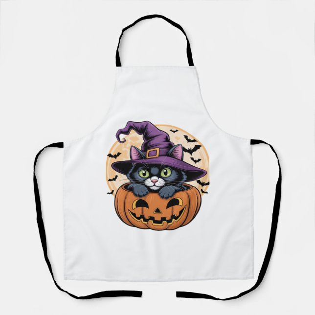 Delantal Calabaza de Halloween Gato negro camiseta sobredim (Anverso)