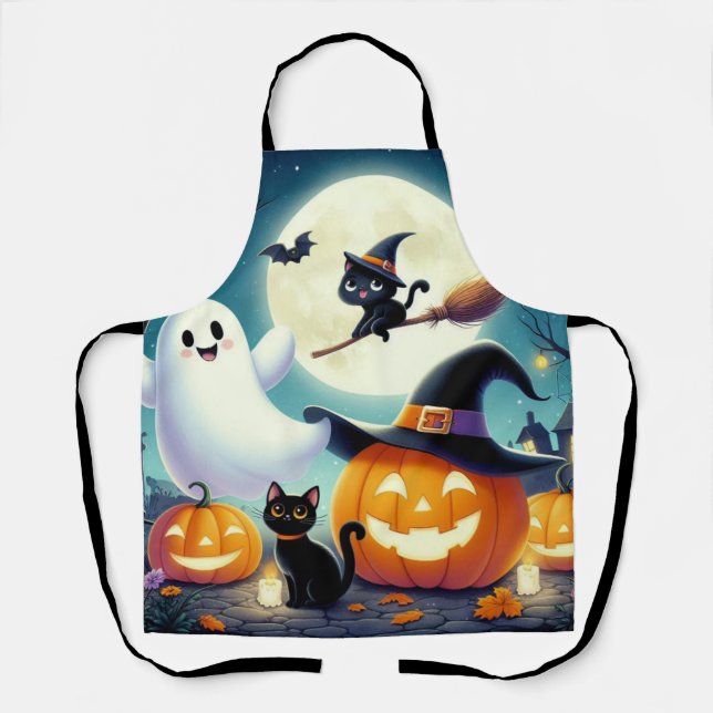 Delantal Calabaza, gato y fantasma de Halloween. (Anverso)