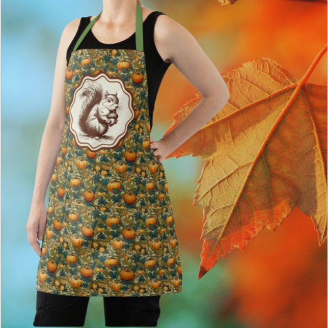 Delantal Calabaza otoñal de William Morris con retro de ard (How cute is this pumpkin and squirrel apron!)