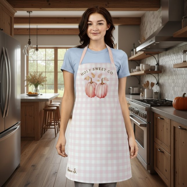 Delantal Calabaza rosa otoño Gingham Baking (Pink Pumpkin Gingham Bakery Apron)