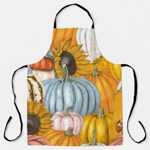 Delantal Calabazas brillantes, girasoles, patrón dibujado a