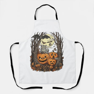 Delantal Calabazas de Halloween Gato Gris Murciélago Luna L